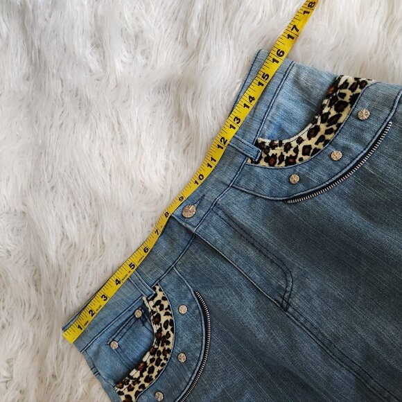 Vintage Y2K Denim Maxi Skirt Appliqué Patchwork Purse Leopard Long‎ Sz 30 - Picture 8 of 15